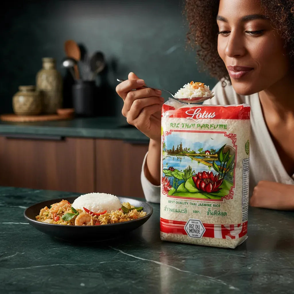 Femme dégustant un plat de riz cuisiné avec le Riz Thai Parfumé LOTUS, parfait pour les currys et recettes asiatiques.
