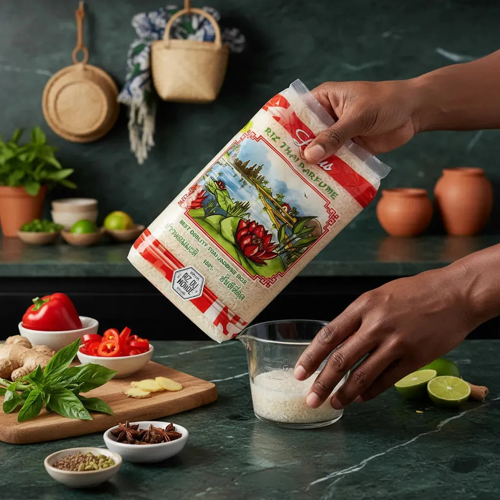 Main versant le Riz Thai Parfumé LOTUS dans un verre doseur, entouré d'ingrédients frais sur un plan de travail de cuisine.