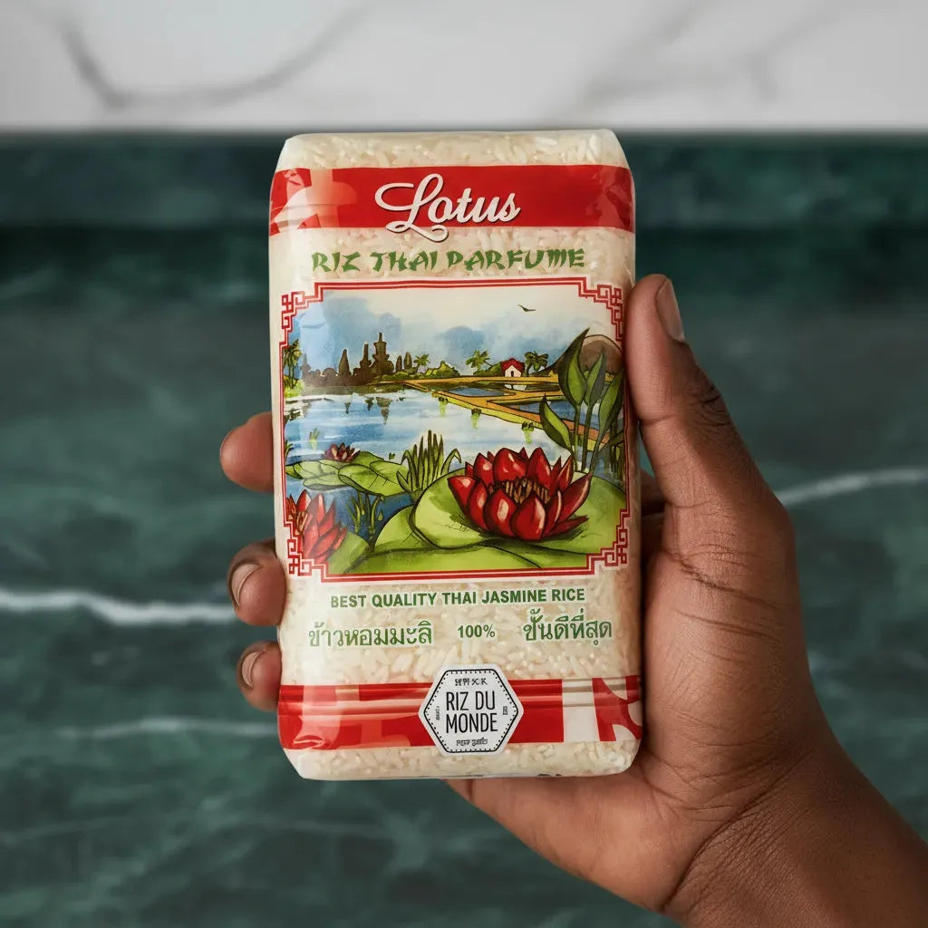 Main tenant un paquet de Riz Thai Parfumé LOTUS, riz long grain au parfum délicat, idéal pour l'épicerie salée.