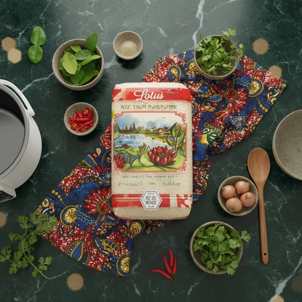 Paquet de Riz Thai Parfumé LOTUS posé sur un tissu coloré avec herbes fraîches et épices, idéal pour plats exotiques.