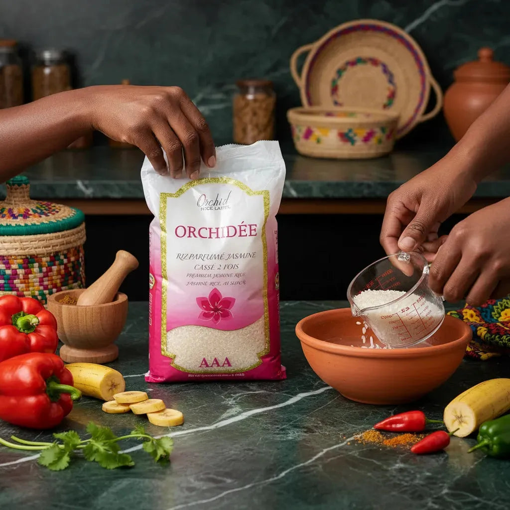 Riz jasmin cassé ORCHIDÉE versé dans un bol en terre cuite, entouré d'ingrédients frais, parfait pour recettes asiatiques maison.