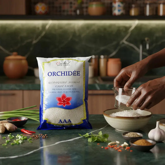 Riz jasmin cassé 1 fois ORCHIDÉE versé dans un bol dans une cuisine moderne. Riz polyvalent idéal pour plats traditionnels et exotiques.