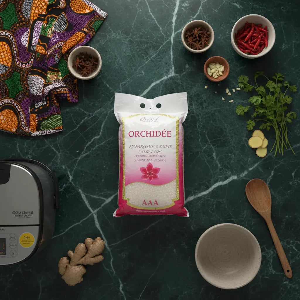 Riz jasmin cassé ORCHIDÉE posé sur un plan de travail avec épices et autocuiseur, parfait pour plats parfumés et cuisson rapide.
