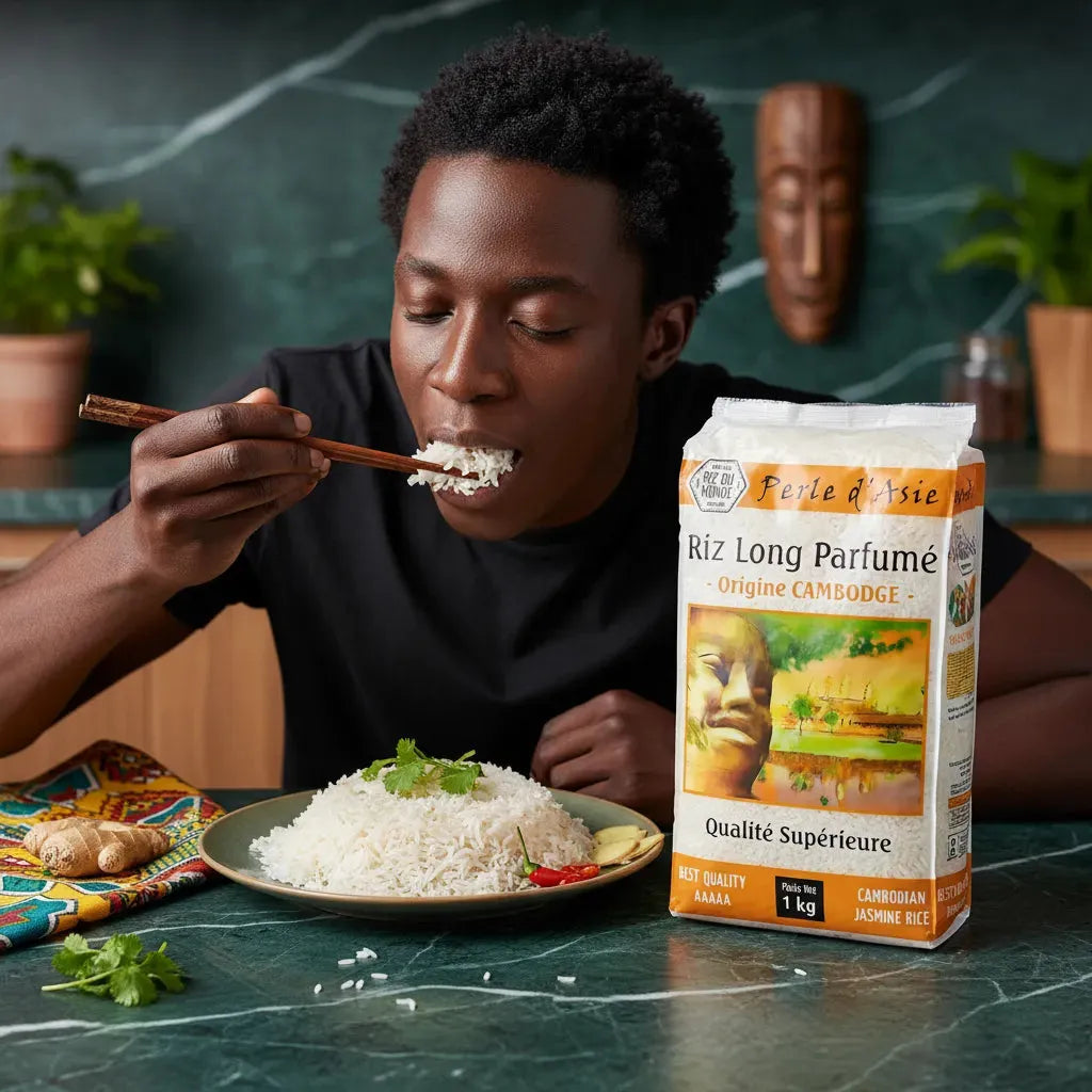 Homme dégustant du riz PERLE D'ASIE long grain parfumé, accompagné d’un plat cuisiné, idéal pour la cuisine asiatique maison.