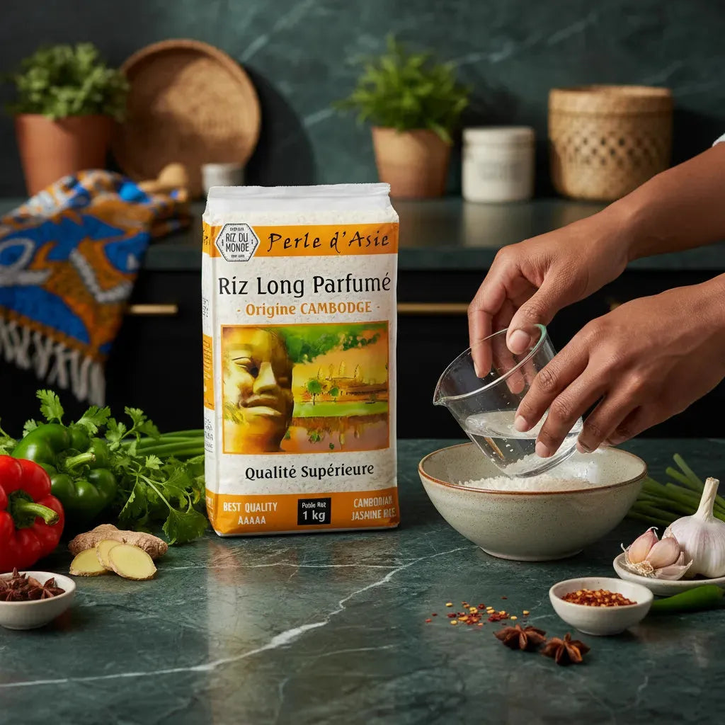 Préparation du riz PERLE D'ASIE long grain parfumé avec eau et ingrédients frais, idéal pour une cuisine savoureuse et équilibrée.