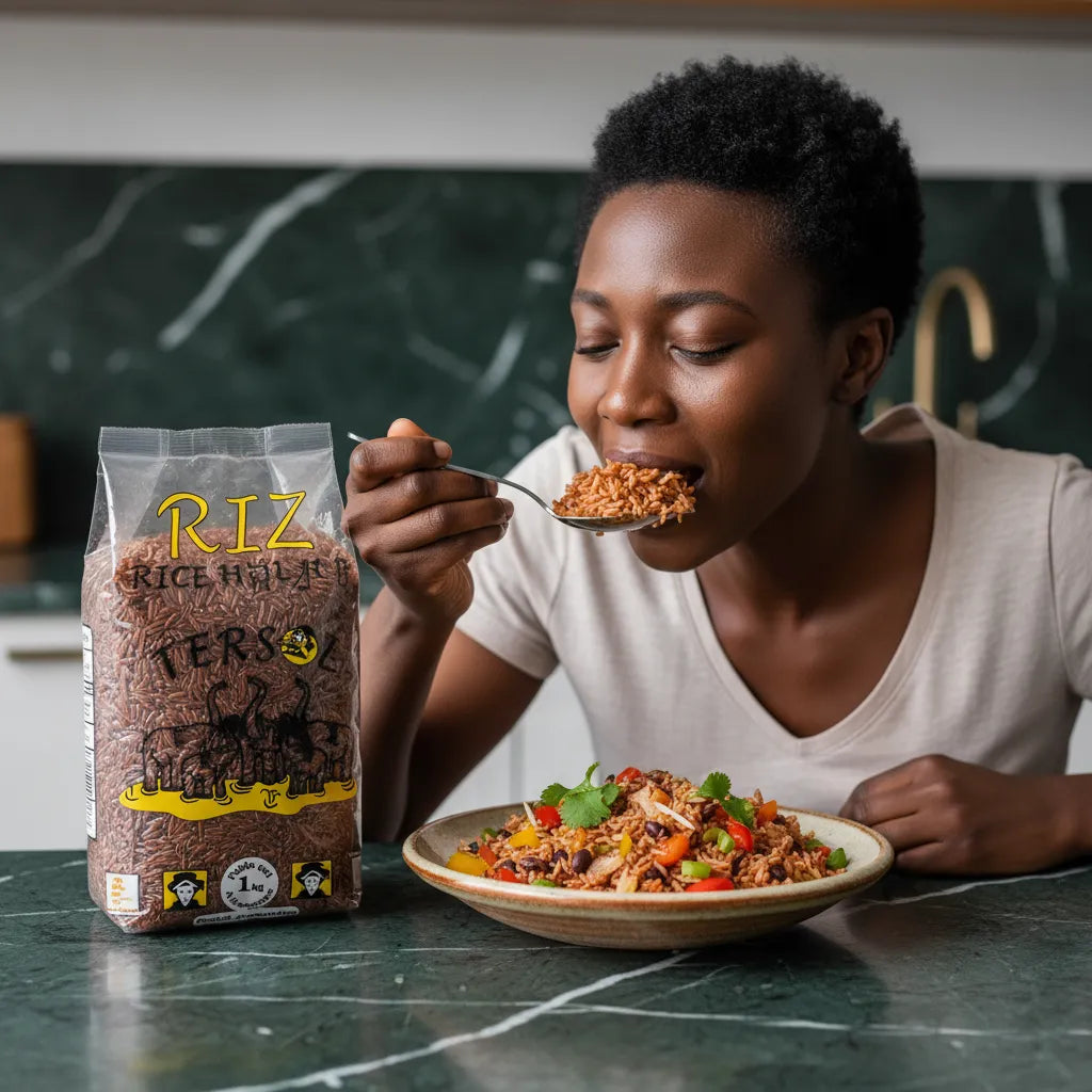 Femme dégustant un plat cuisiné avec le riz rouge TERSOL, riz naturel riche en fibres, parfait pour des repas équilibrés et savoureux.