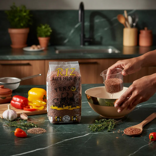 Préparation culinaire avec riz rouge TERSOL, entouré de légumes frais et herbes, pour une cuisine saine et riche en antioxydants.