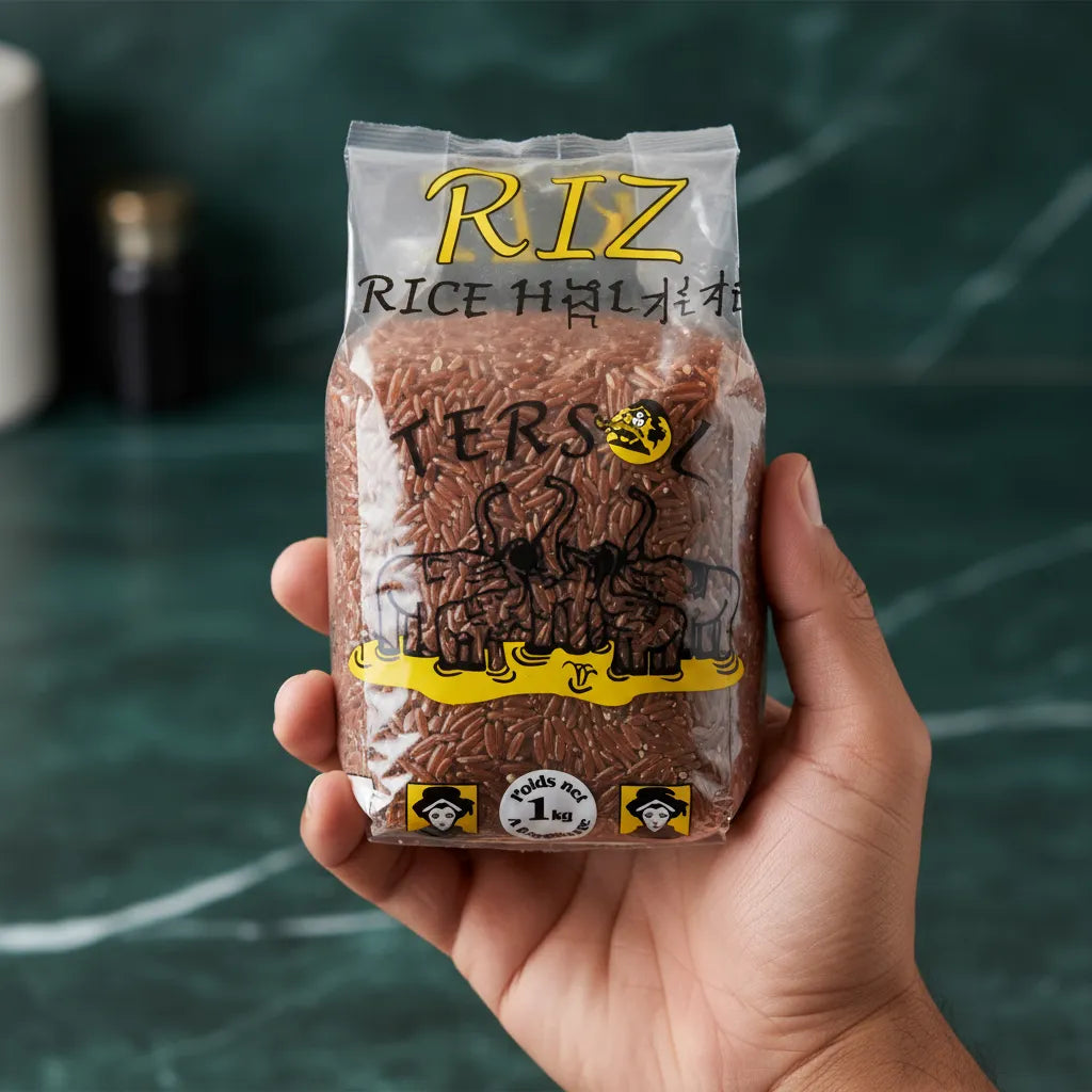 Main tenant un paquet de riz rouge TERSOL 1 kg, produit naturel d'épicerie salée, source de fibres et parfait pour une cuisine équilibrée.