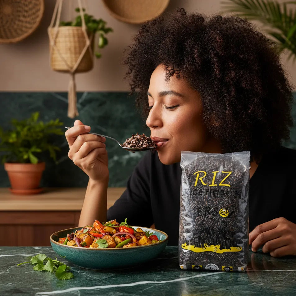 Femme dégustant un plat cuisiné avec le Riz Sauvage TERSOL - Riche Nutrition, grains longs fins, dans une ambiance chaleureuse.