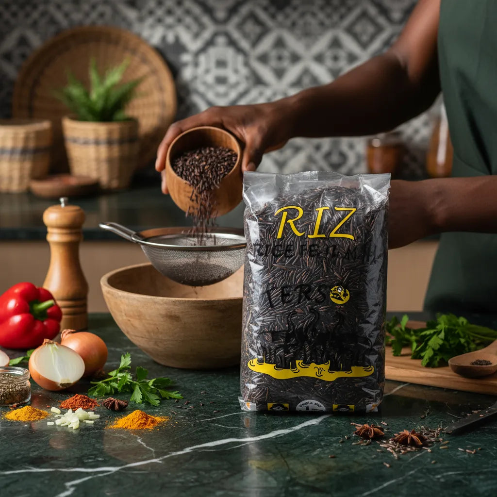 Préparation culinaire avec le Riz Sauvage TERSOL - Riche Nutrition, grains longs fins, entouré d'épices et d'ingrédients frais.