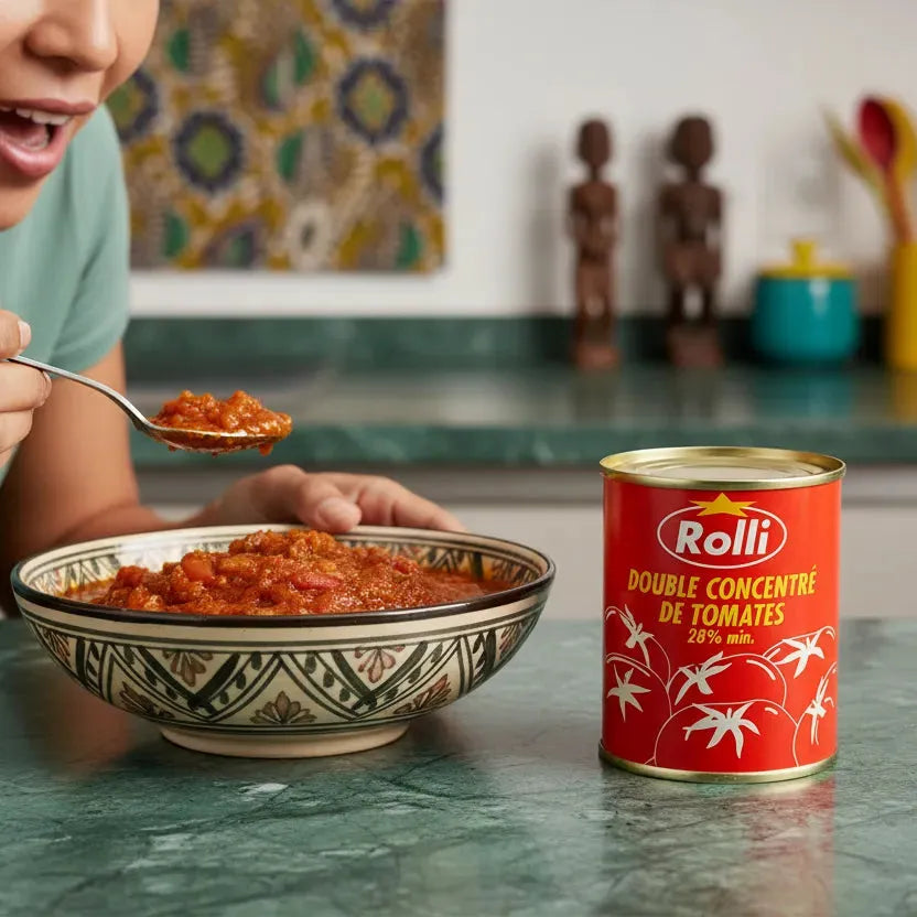 Double concentré de tomate ROLLI utilisé dans une sauce maison, parfait pour rehausser les plats. Produit d'épicerie salée pour recettes savoureuses.
