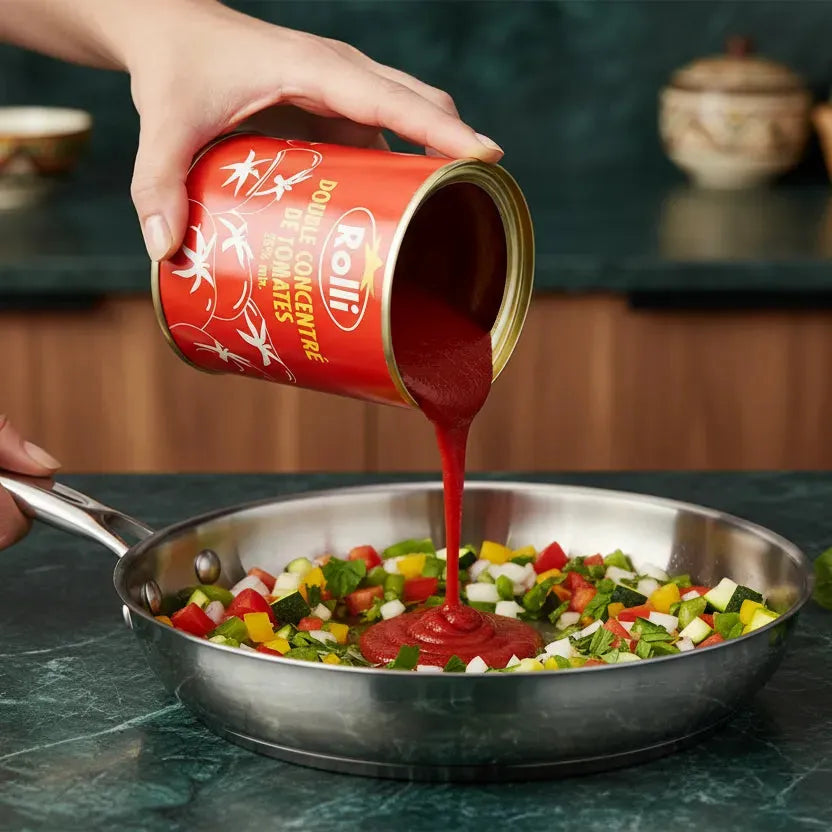 Double concentré de tomate ROLLI versé dans une poêle avec légumes frais, ingrédient essentiel pour cuisiner. Catégorie épicerie salée.