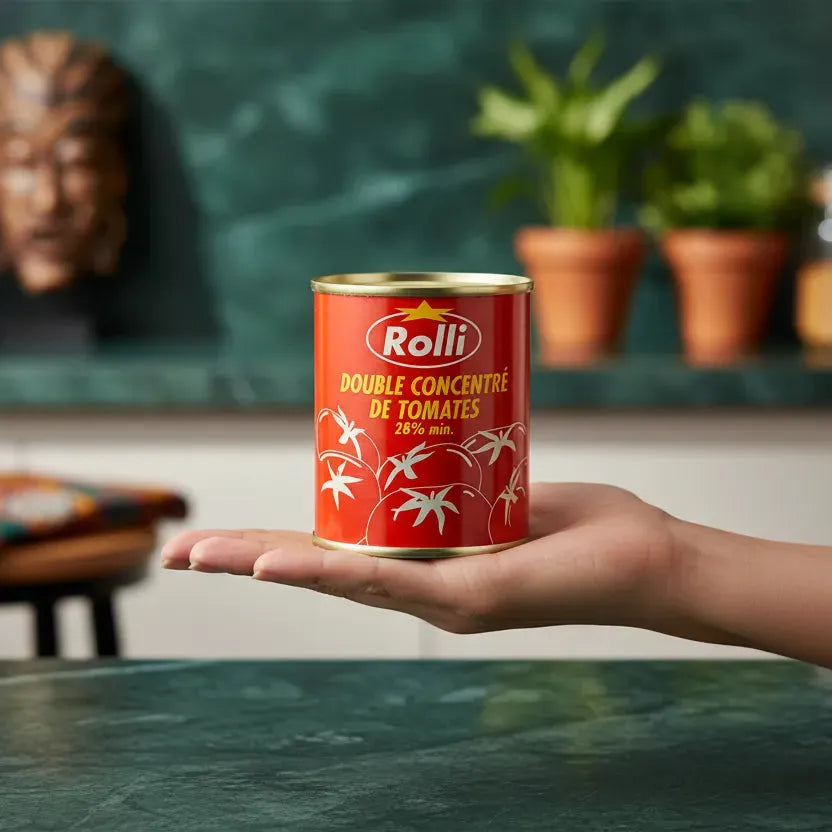 Boîte de double concentré de tomate ROLLI tenue dans une main, format pratique pour cuisine. Produit d'épicerie salée riche en goût.