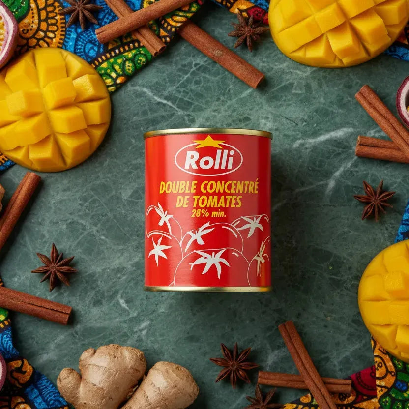 Double concentré de tomate ROLLI entouré d'épices et mangues, parfait pour recettes exotiques. Ingrédient phare en épicerie salée.