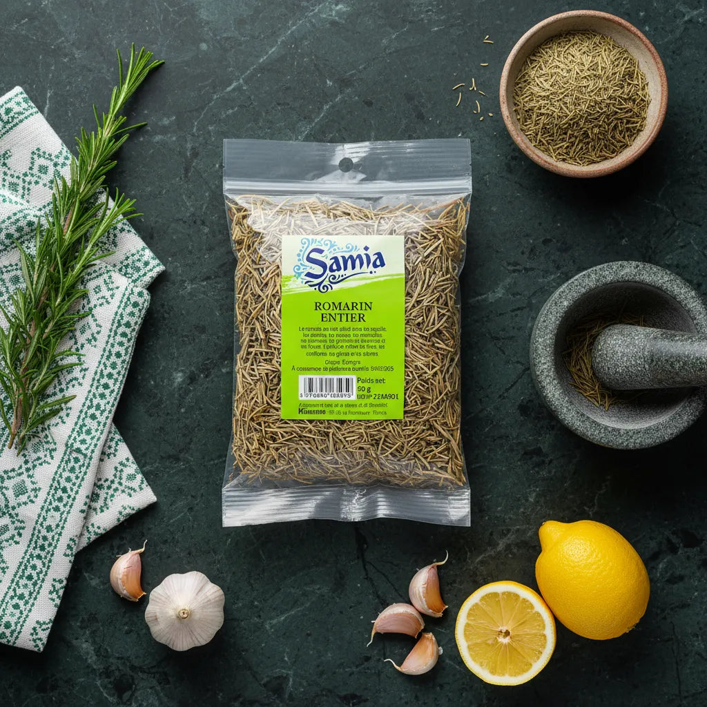 Sachet de romarin entier SAMIA posé sur plan de travail avec citron, ail et mortier, pour cuisine méditerranéenne authentique.