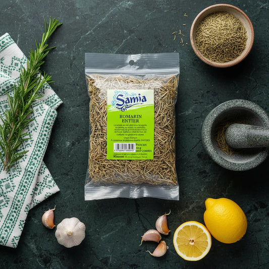 Sachet de romarin entier SAMIA posé sur plan de travail avec citron, ail et mortier, pour cuisine méditerranéenne authentique.