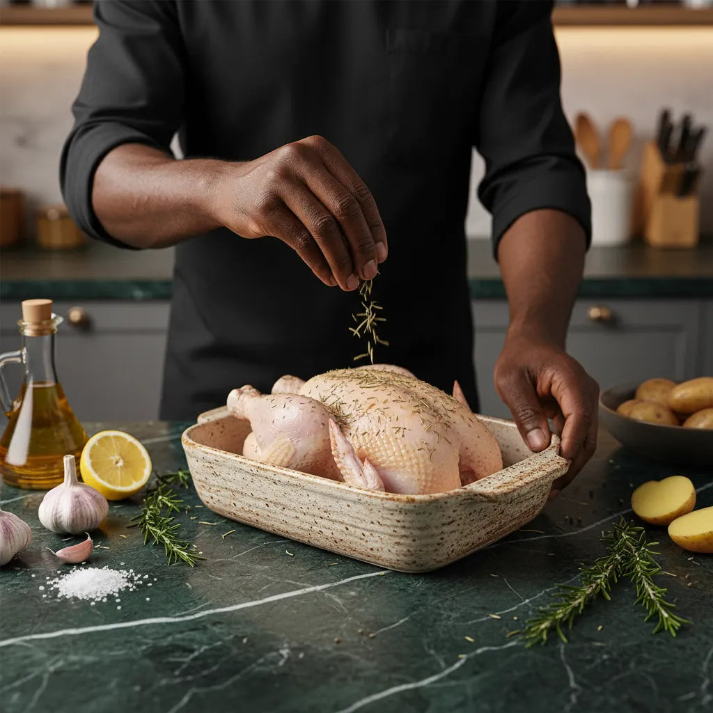 Préparation d’un poulet rôti avec du romarin entier SAMIA, parfait pour assaisonner viandes et plats méditerranéens.
