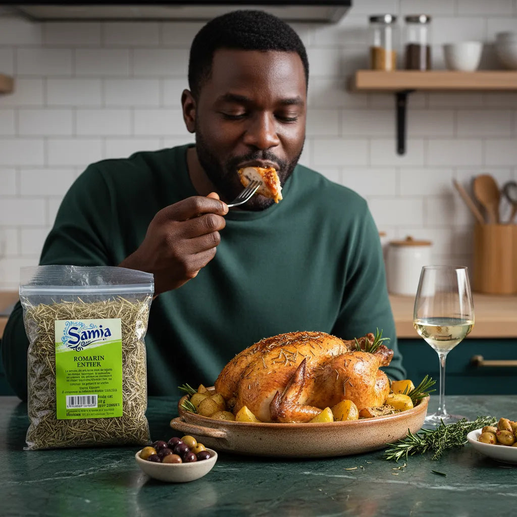 Homme dégustant un poulet rôti assaisonné au romarin entier SAMIA, herbe séchée aux saveurs méditerranéennes intenses.