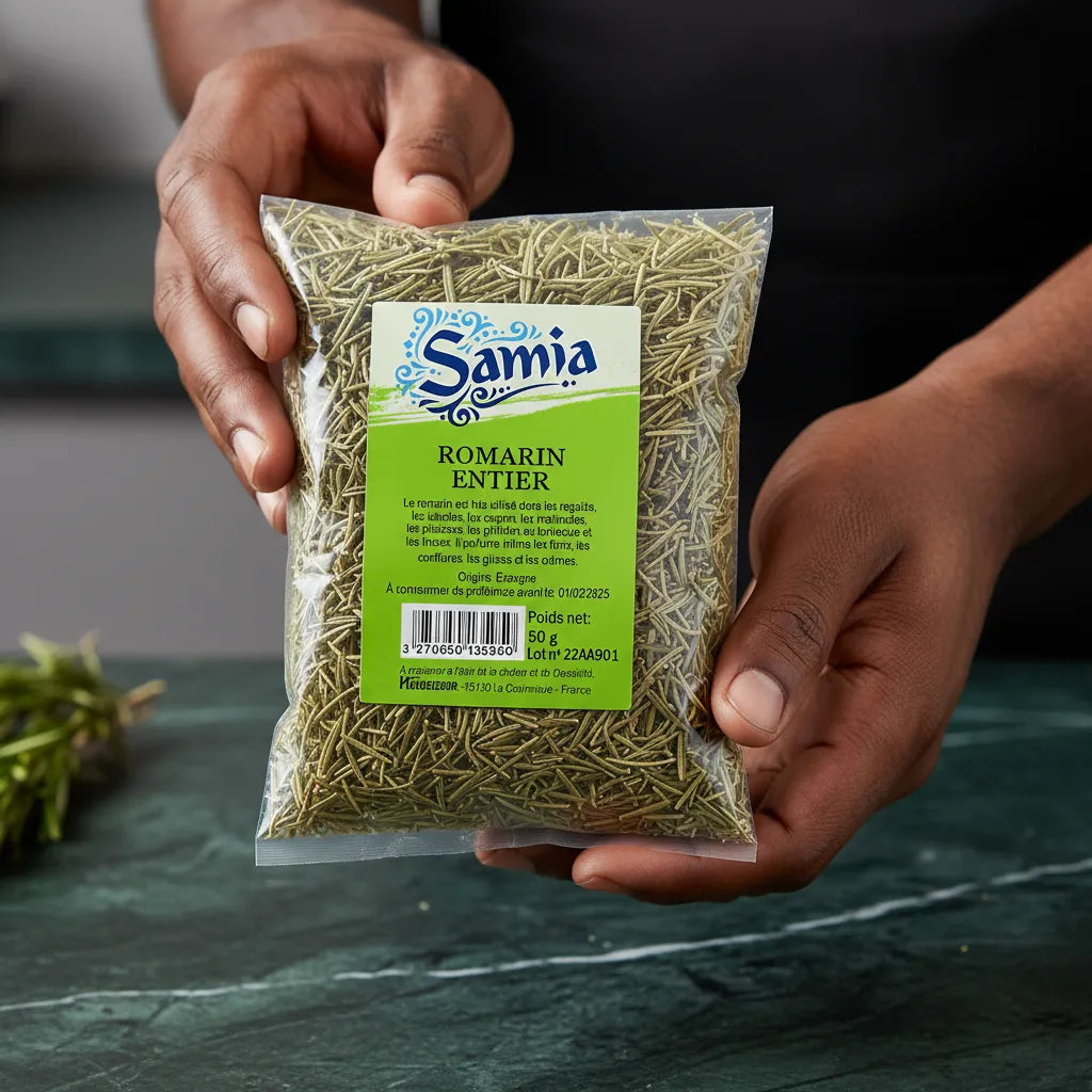 Main tenant un sachet de romarin entier SAMIA, herbe séchée de qualité pour sublimer sauces, légumes et viandes grillées.