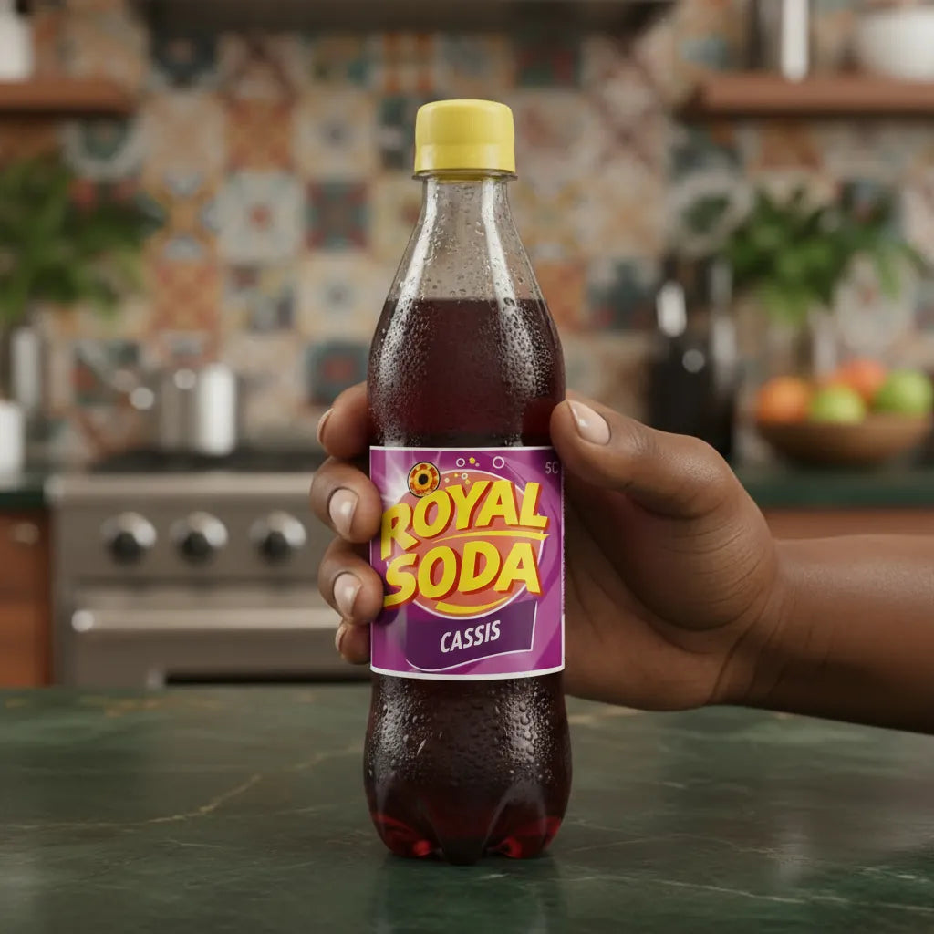 Main tenant une bouteille de ROYAL SODA Cassis dans une cuisine chaleureuse, soda pétillant au goût cassis unique et désaltérant.