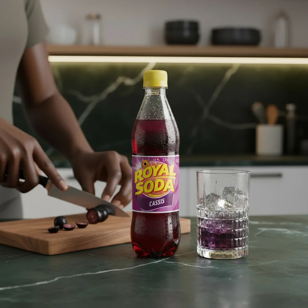 Soda Cassis ROYAL SODA servi avec glaçons sur plan de travail moderne, boisson pétillante parfaite pour accompagner une pause gourmande.