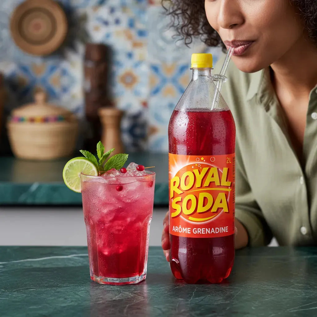 Femme dégustant un verre de soda grenadine ROYAL SODA avec glaçons, citron vert et menthe, boisson fruitée et désaltérante.