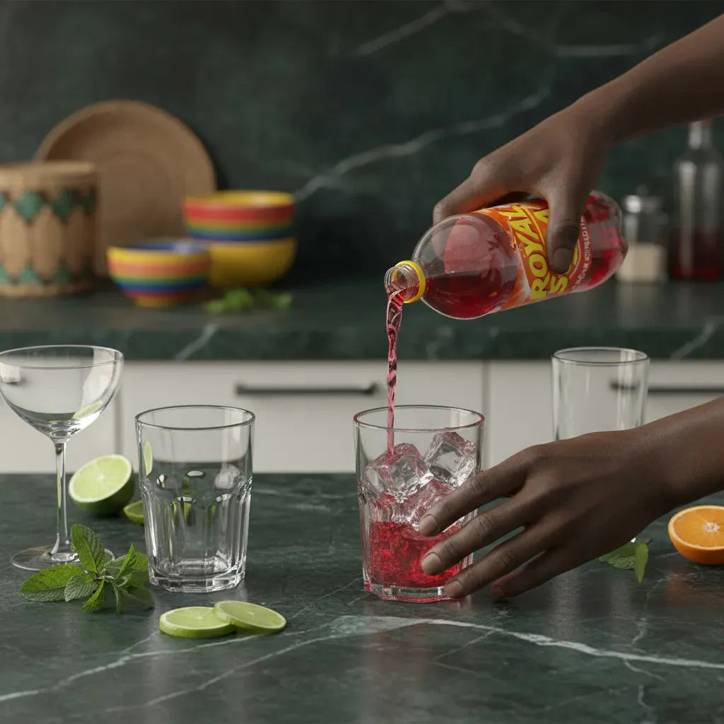 Versement du soda grenadine ROYAL SODA sur glaçons dans un verre, boisson fruitée parfaite pour une pause fraîcheur.