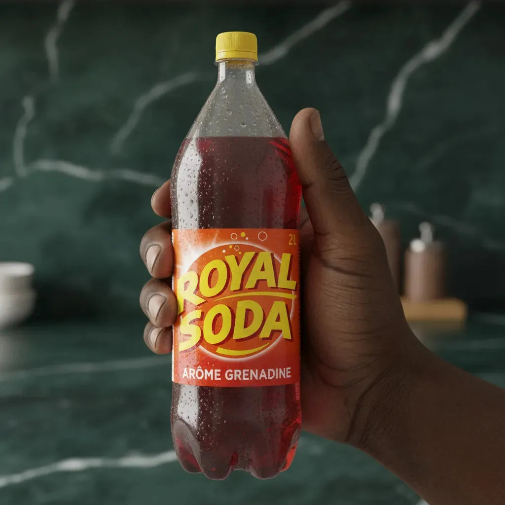 Main tenant une bouteille de soda grenadine ROYAL SODA de 2L, boisson désaltérante au goût sucré et fruité.