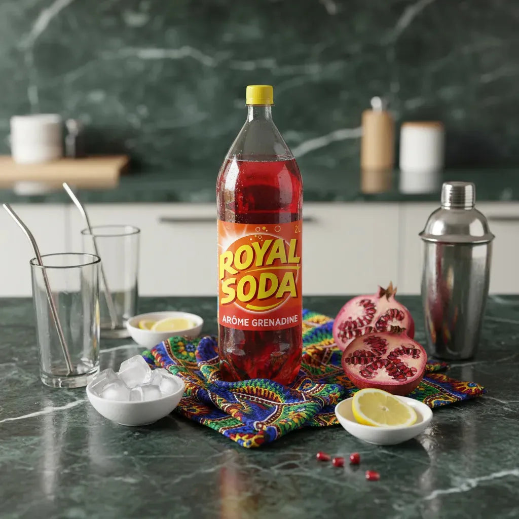 Soda grenadine ROYAL SODA entouré de glaçons, citron et grenade, boisson idéale pour cocktails et instants rafraîchissants.