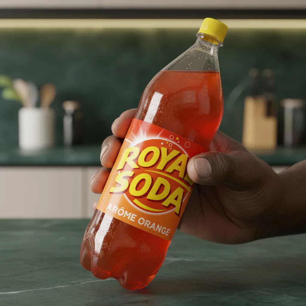 Main tenant une bouteille de ROYAL SODA goût orange, soda orange naturel au goût authentique, parfait pour toutes les occasions.