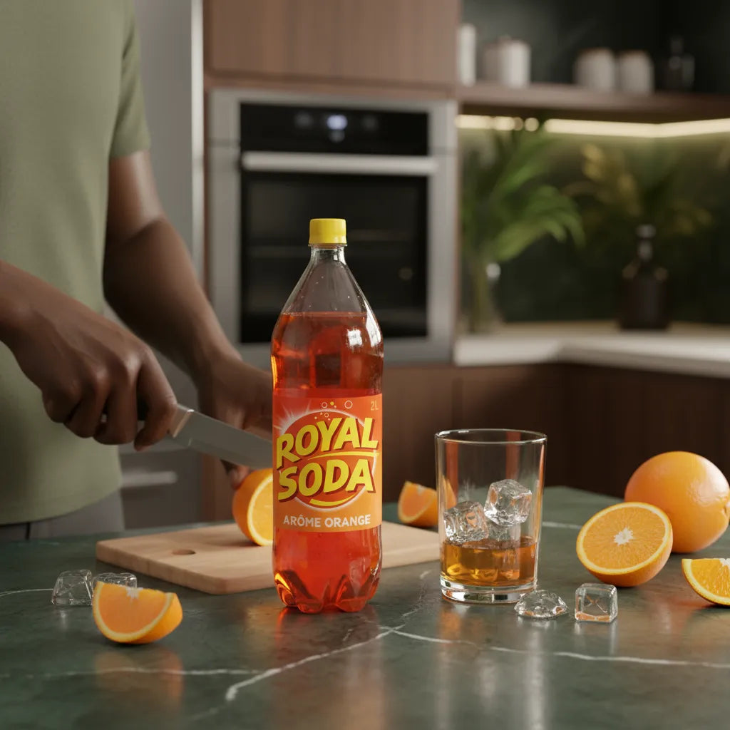 ROYAL SODA goût orange servi avec glaçons dans une cuisine moderne, parfait pour une pause fraîcheur au goût authentique d'orange naturelle.