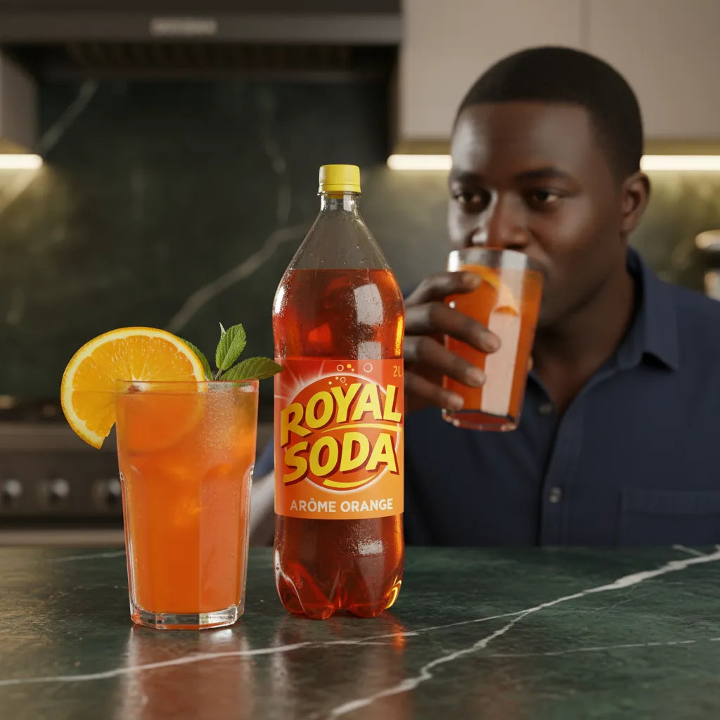 Homme dégustant un verre de ROYAL SODA goût orange avec tranche d’orange et menthe, boisson idéale pour un moment rafraîchissant et fruité.