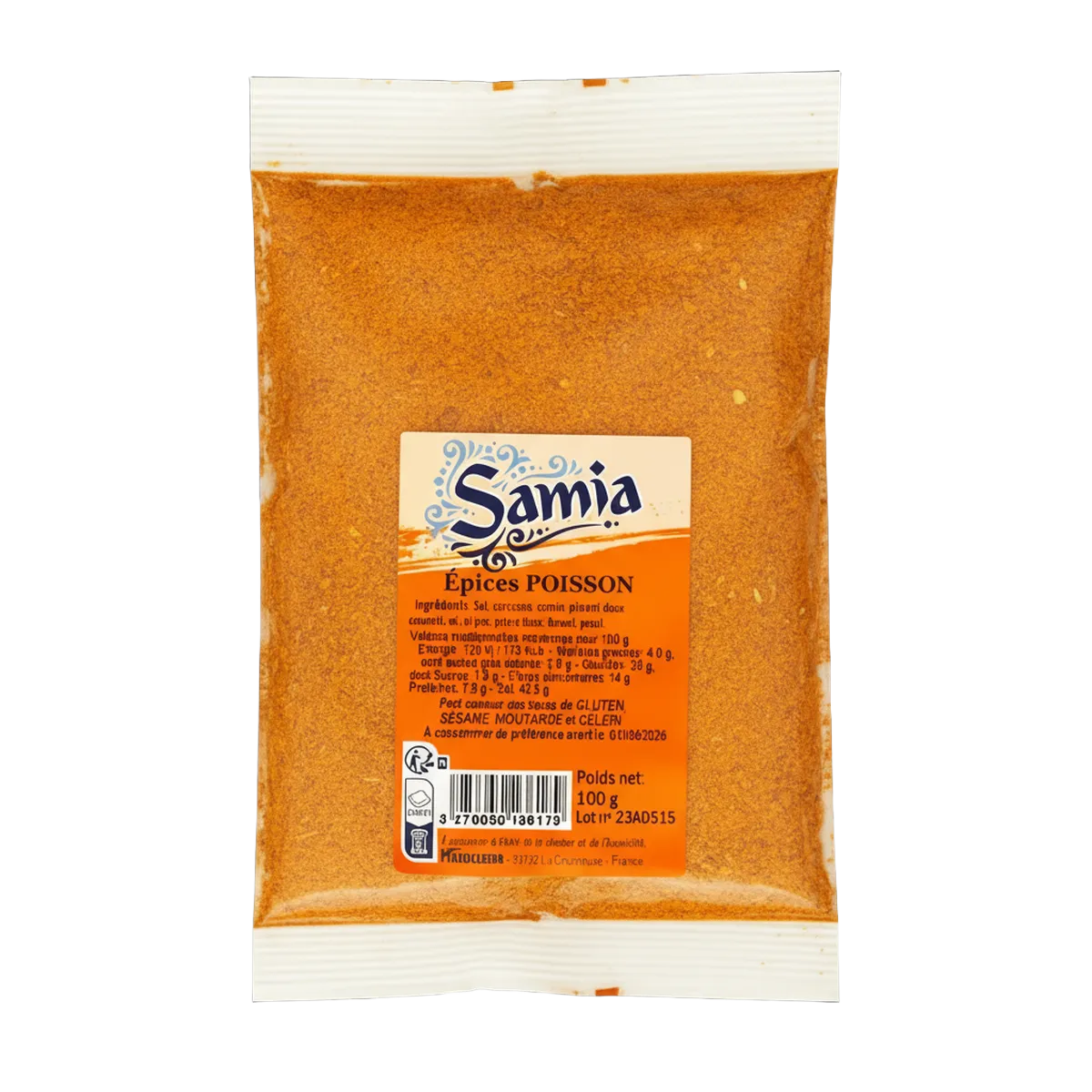 Sachet d'épices pour poisson SAMIA 100g, mélange d'épices orange vif pour assaisonner poissons grillés ou cuits au four. Épicerie salée idéale.