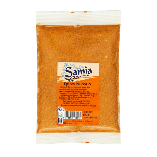 Sachet d'épices pour poisson SAMIA 100g, mélange d'épices orange vif pour assaisonner poissons grillés ou cuits au four. Épicerie salée idéale.