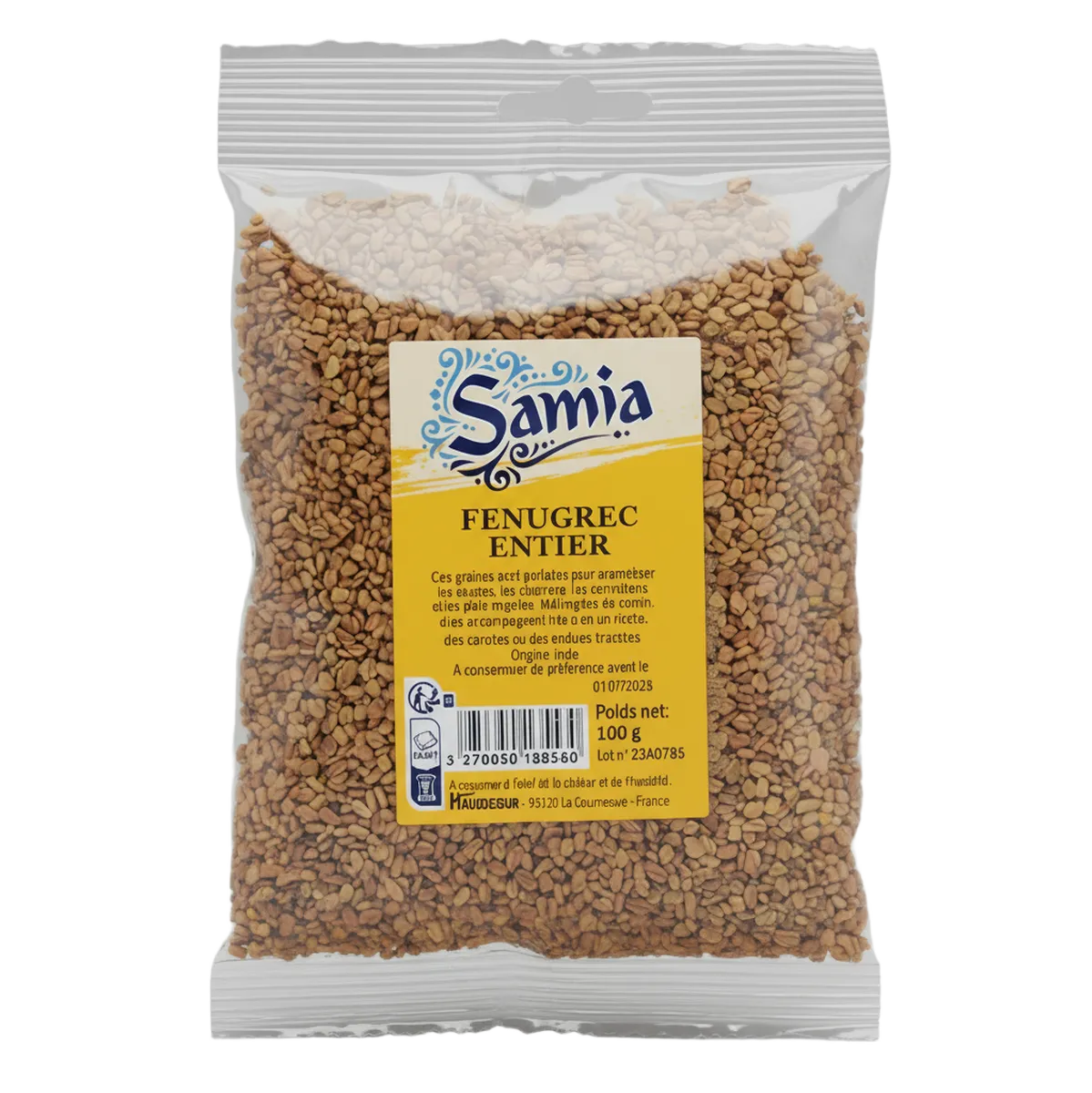 Graines de fenugrec entier SAMIA en sachet de 100g, parfaites pour assaisonner vos plats avec une touche épicée et aromatique unique.