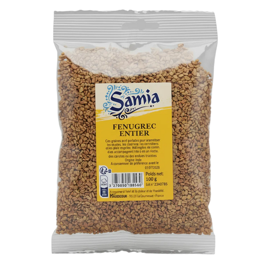 Graines de fenugrec entier SAMIA en sachet de 100g, parfaites pour assaisonner vos plats avec une touche épicée et aromatique unique.
