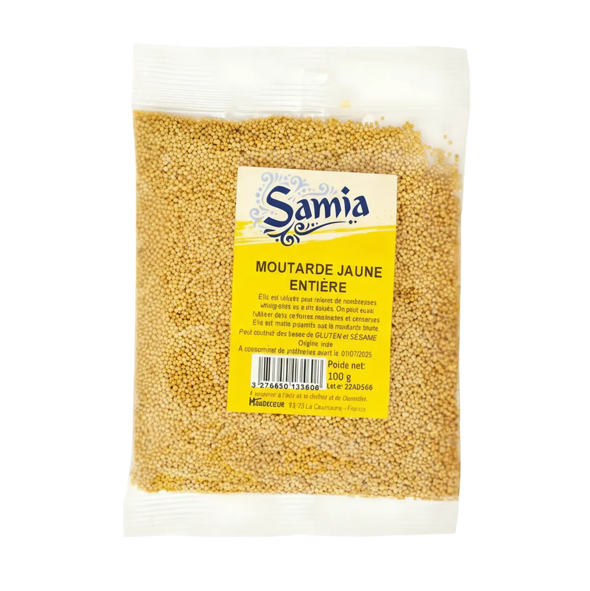 Moutarde jaune entière SAMIA en sachet de 100g, condiment polyvalent pour sauces et marinades, épicerie salée de qualité.
