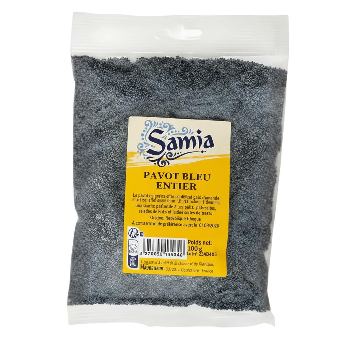 Pavot bleu entier SAMIA en sachet de 100g, parfait pour assaisonner pains, pâtisseries et plats salés. Épicerie salée de qualité.