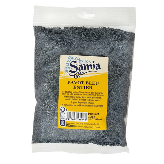 Pavot bleu entier SAMIA en sachet de 100g, parfait pour assaisonner pains, pâtisseries et plats salés. Épicerie salée de qualité.