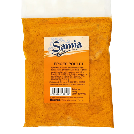 Epices pour poulet SAMIA - Épices Poulet SAMIA | Arômes Riches en sachet de 100g, mélange d'épices coloré pour assaisonner vos plats de volaille.