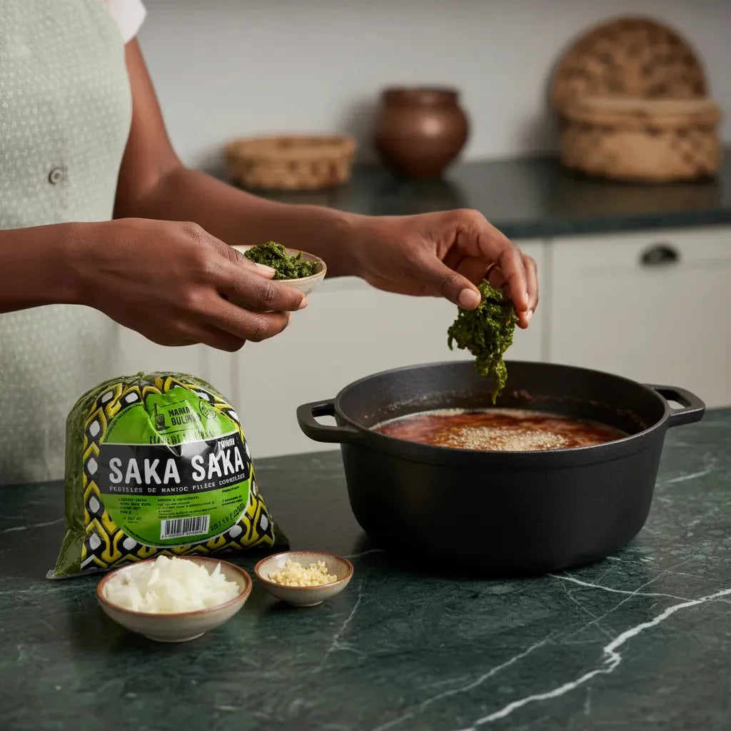 Préparation culinaire avec feuilles de manioc pilées Saka Saka, ingrédient surgelé utilisé dans un plat mijoté africain.