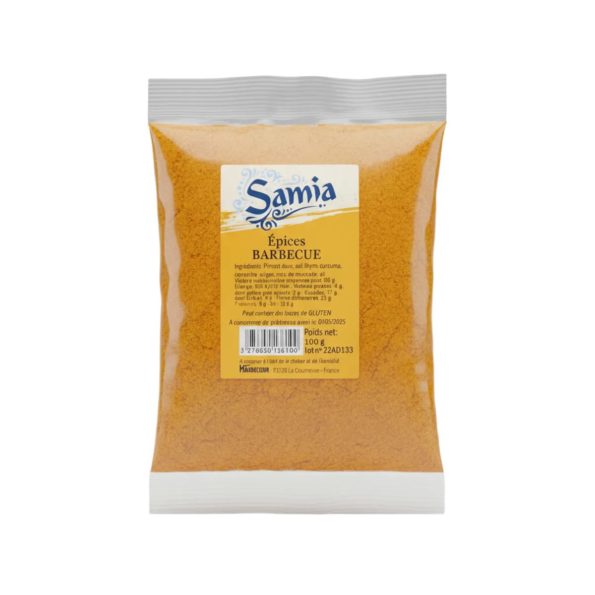Sachet d'épices pour barbecue SAMIA, mélange équilibré pour assaisonner viandes, poissons et légumes. Parfait pour les grillades estivales.