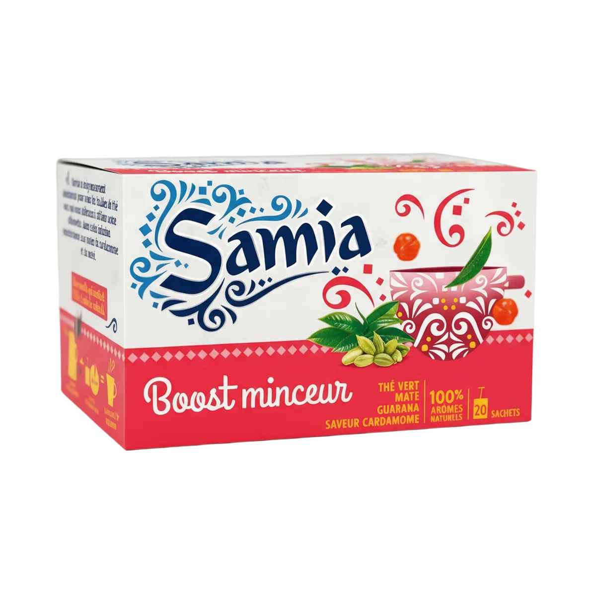 Boîte d'infusion minceur SAMIA Boost minceur avec thé vert, maté, guarana et cardamome. 20 sachets 100% arômes naturels.