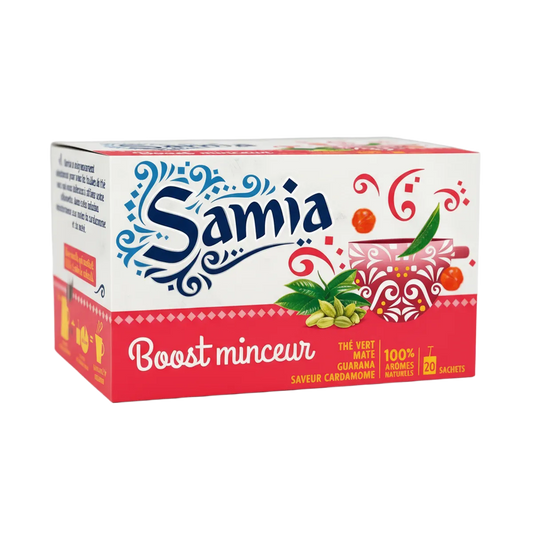 Boîte d'infusion minceur SAMIA Boost minceur avec thé vert, maté, guarana et cardamome. 20 sachets 100% arômes naturels.