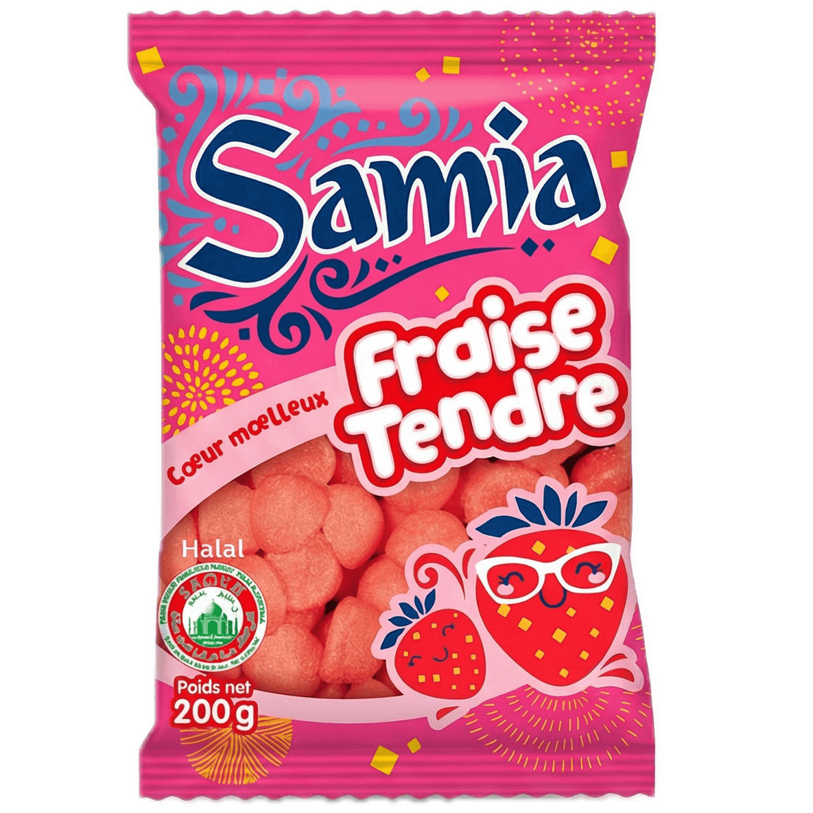 Bonbons Fraise Tendre SAMIA - Délicieuse Douceur Fruitée en sachet rose de 200g, avec visuel de fraises et label halal visible.