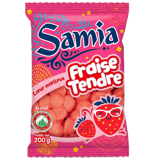 Bonbons Fraise Tendre SAMIA - Délicieuse Douceur Fruitée en sachet rose de 200g, avec visuel de fraises et label halal visible.