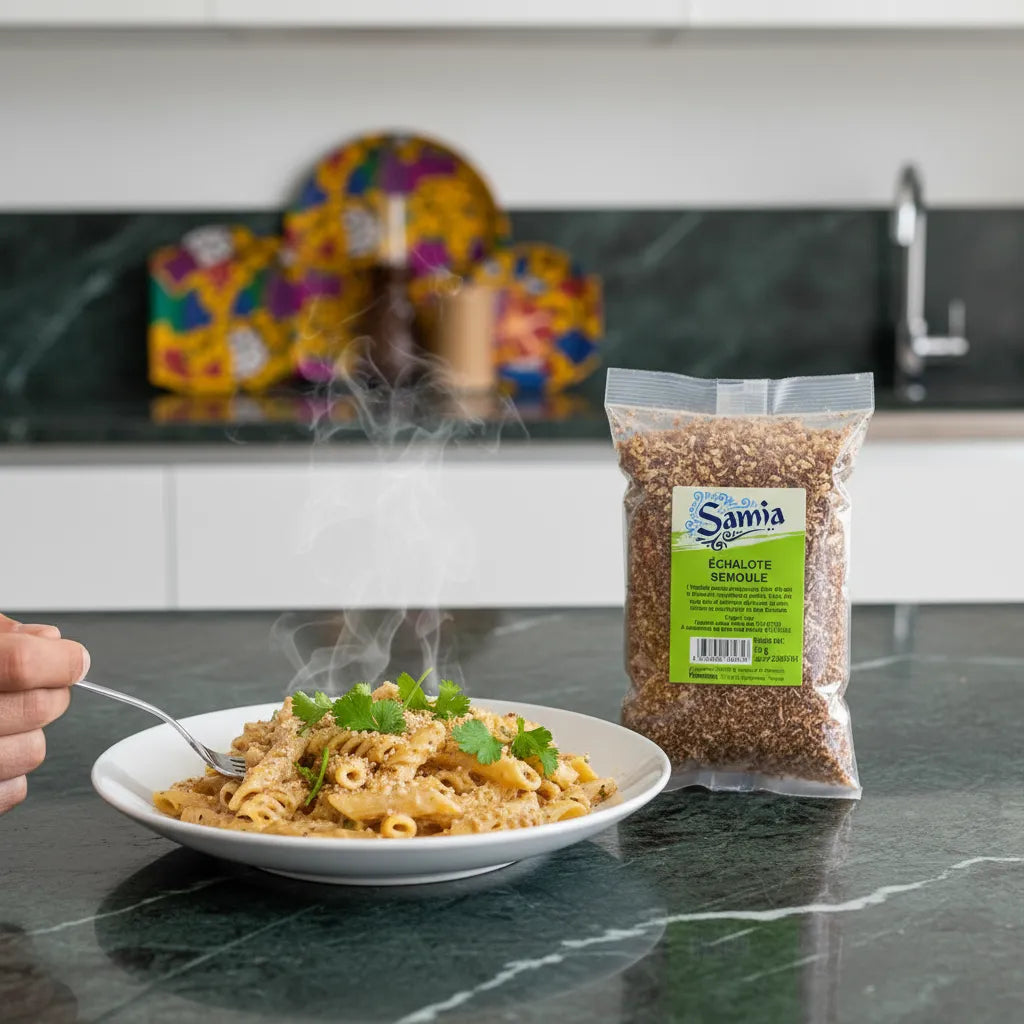 Échalote SAMIA posée à côté d'un plat de pâtes fumant, illustrant son usage pratique pour sublimer les plats avec une touche sucrée subtile.