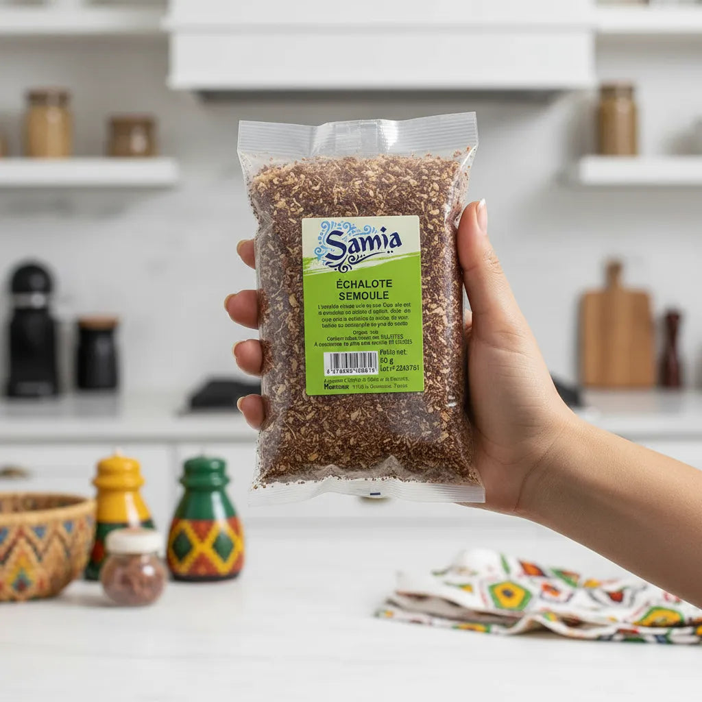 Sachet d'échalote SAMIA tenu en main dans une cuisine moderne, parfait pour l'épicerie salée et les préparations culinaires raffinées.