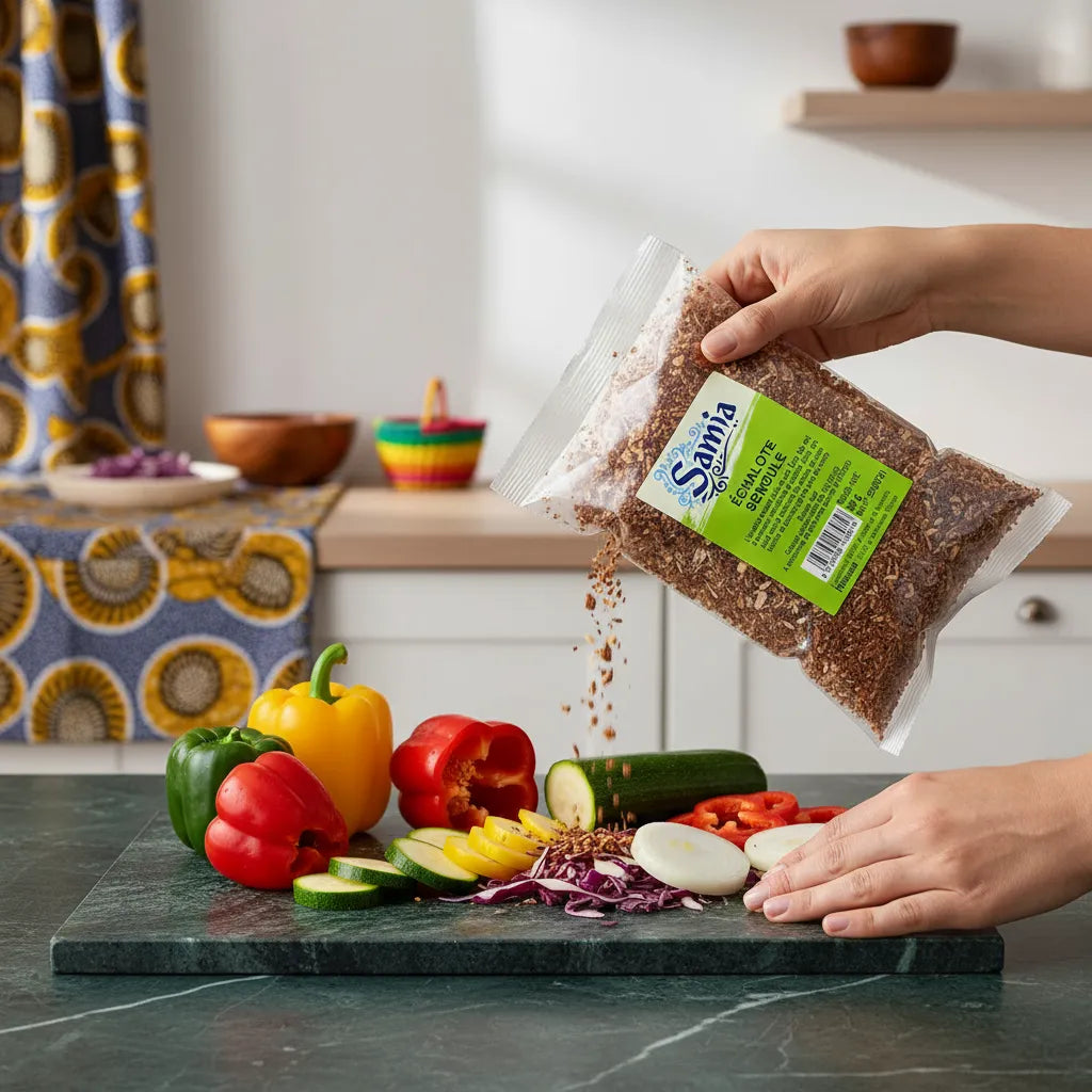 Utilisation de l'échalote séchée SAMIA en cuisine, versée sur des légumes frais pour rehausser les recettes avec une saveur unique et pratique.