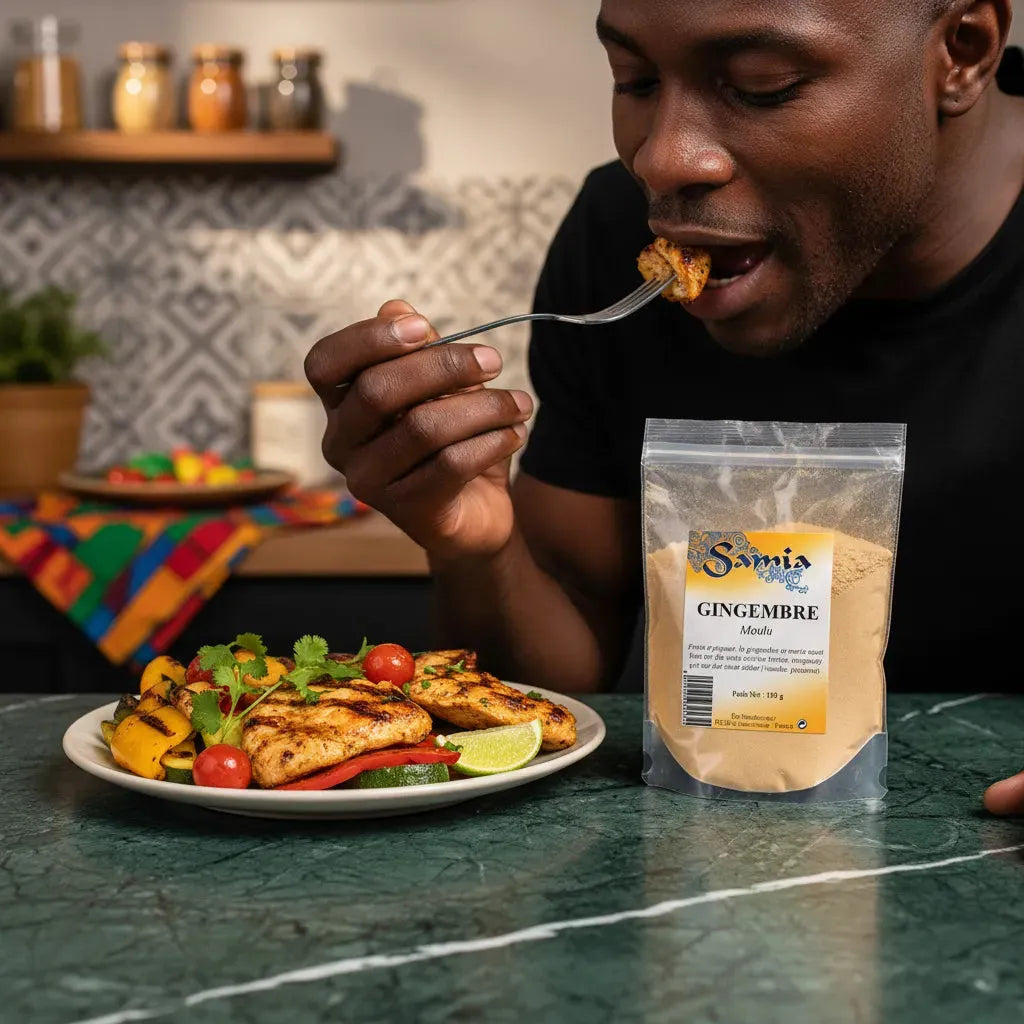 Poudre de Gingembre Samia utilisée pour assaisonner un plat de poulet grillé, parfaite pour rehausser les saveurs en cuisine.